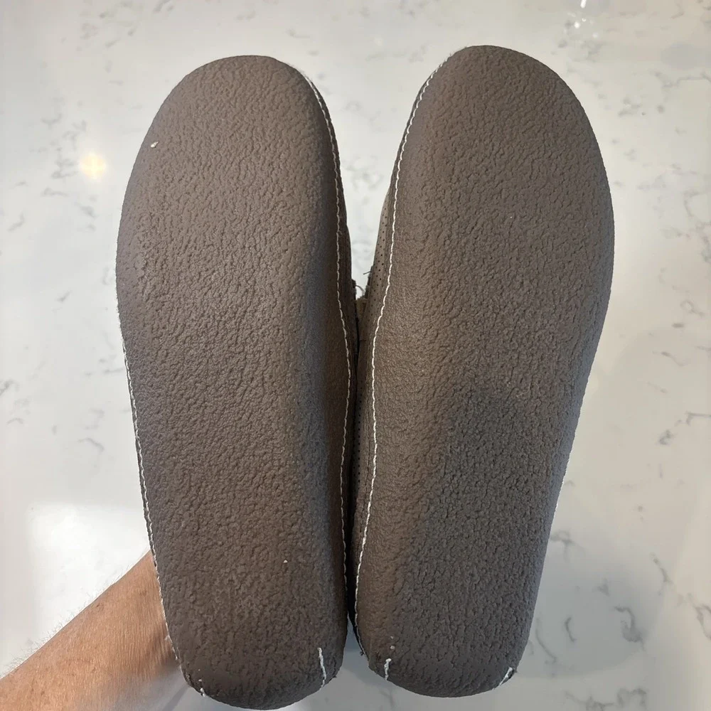 LL Bean Gray Leather SlipOn Flannel Lined‎ Handsewn Slippers Rubber Sole SZ 10M
